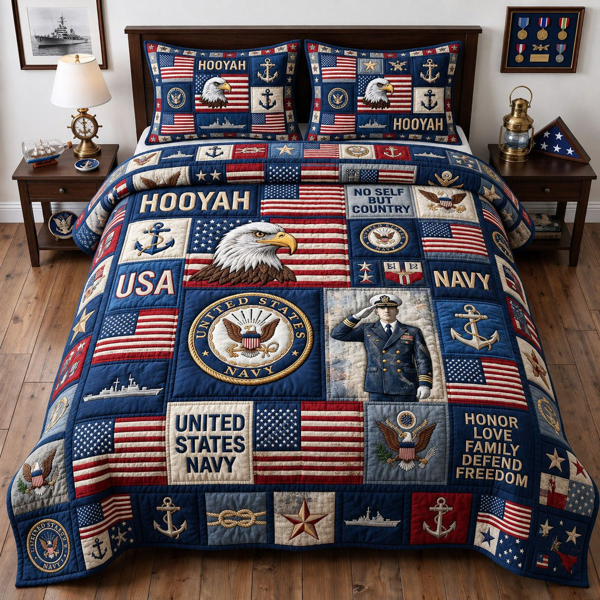 Proud Navy Veteran quilted 3-piece bedding set on a made bed in a warmly lit bedroom
