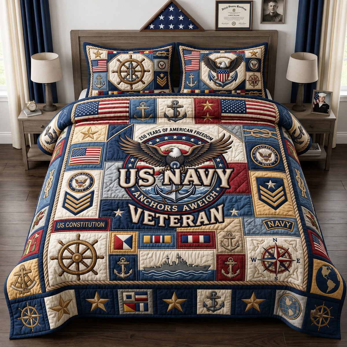 Proud Navy Veteran quilted 3-piece bedding set on a made bed in a warmly lit bedroom