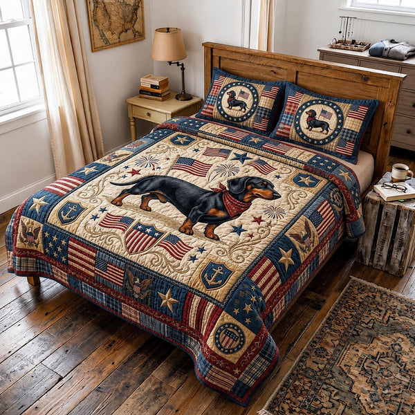 Proud Paws quilted 3-piece bedding set on a made bed with two matching pillow shams