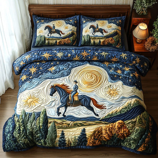 Proud Rider quilted 3-piece bedding set on a made bed with two matching pillow shams