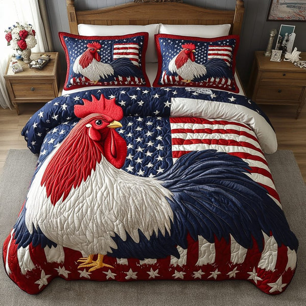 Proud Rooster quilted 3-piece bedding set on a made bed with two matching pillow shams