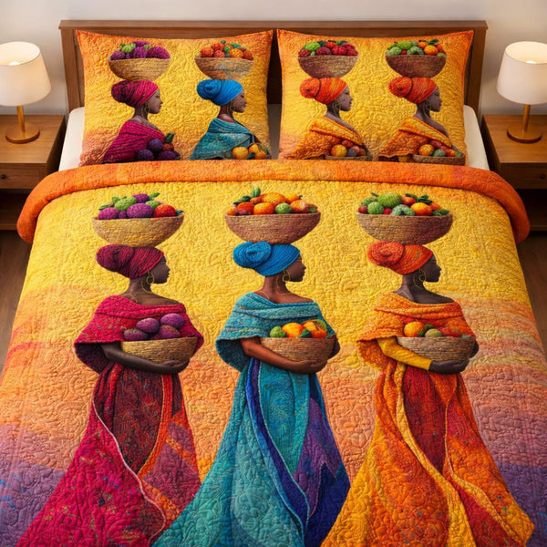 Proud Roots quilted 3-piece bedding set on a made bed with two matching pillow shams