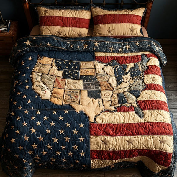 Proud States quilted 3-piece bedding set on a made bed with two matching pillow shams