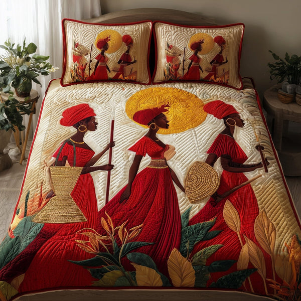Proud To Rise quilted 3-piece bedding set on a made bed with two matching pillow shams