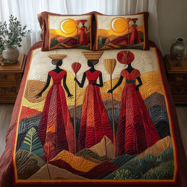 Proud To Rise quilted 3-piece bedding set on a made bed with two matching pillow shams