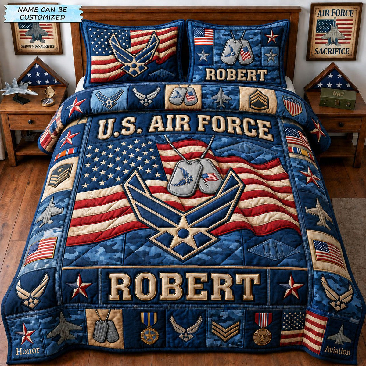 Proud US Air Force 3-Piece Quilted Bedding Set QTCUZ - Design 1 quilted 3-piece bedding set on a made bed with two matching pillow shams