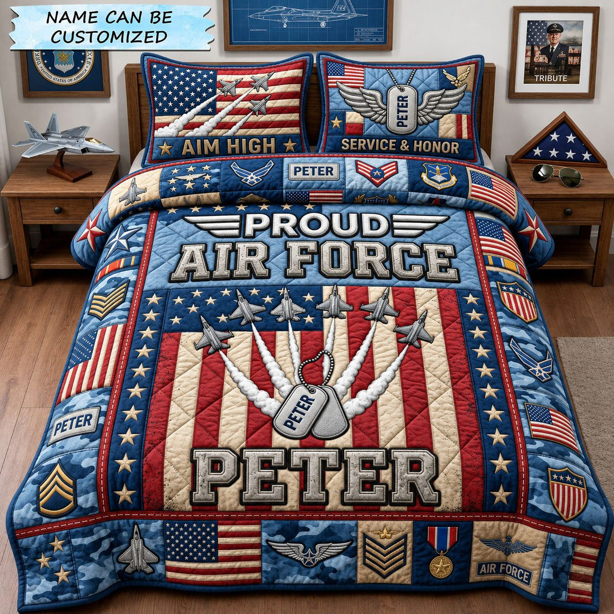 Proud US Air Force 3-Piece Quilted Bedding Set QTCUZ - Design 3 quilted 3-piece bedding set on a made bed with two matching pillow shams