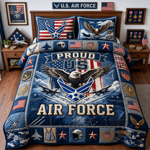 Proud US Air Force quilted 3-piece bedding set on a made bed with two matching pillow shams