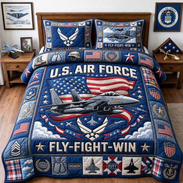 Proud US Air Force quilted 3-piece bedding set on a made bed with two matching pillow shams