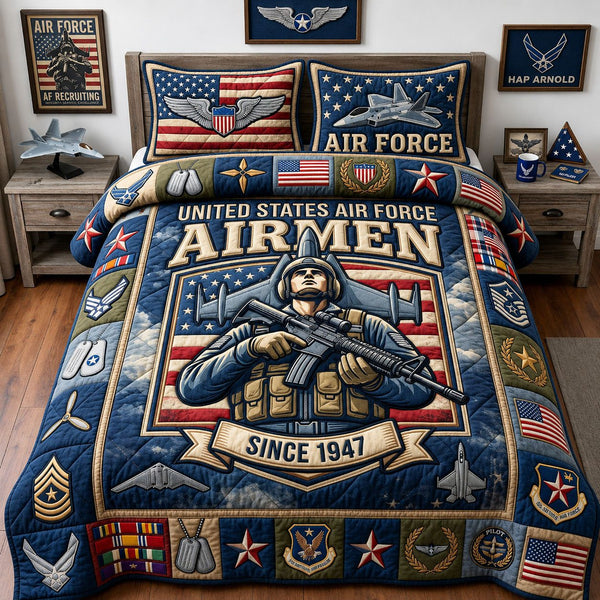 Proud US Airman quilted 3-piece bedding set on a made bed with two matching pillow shams