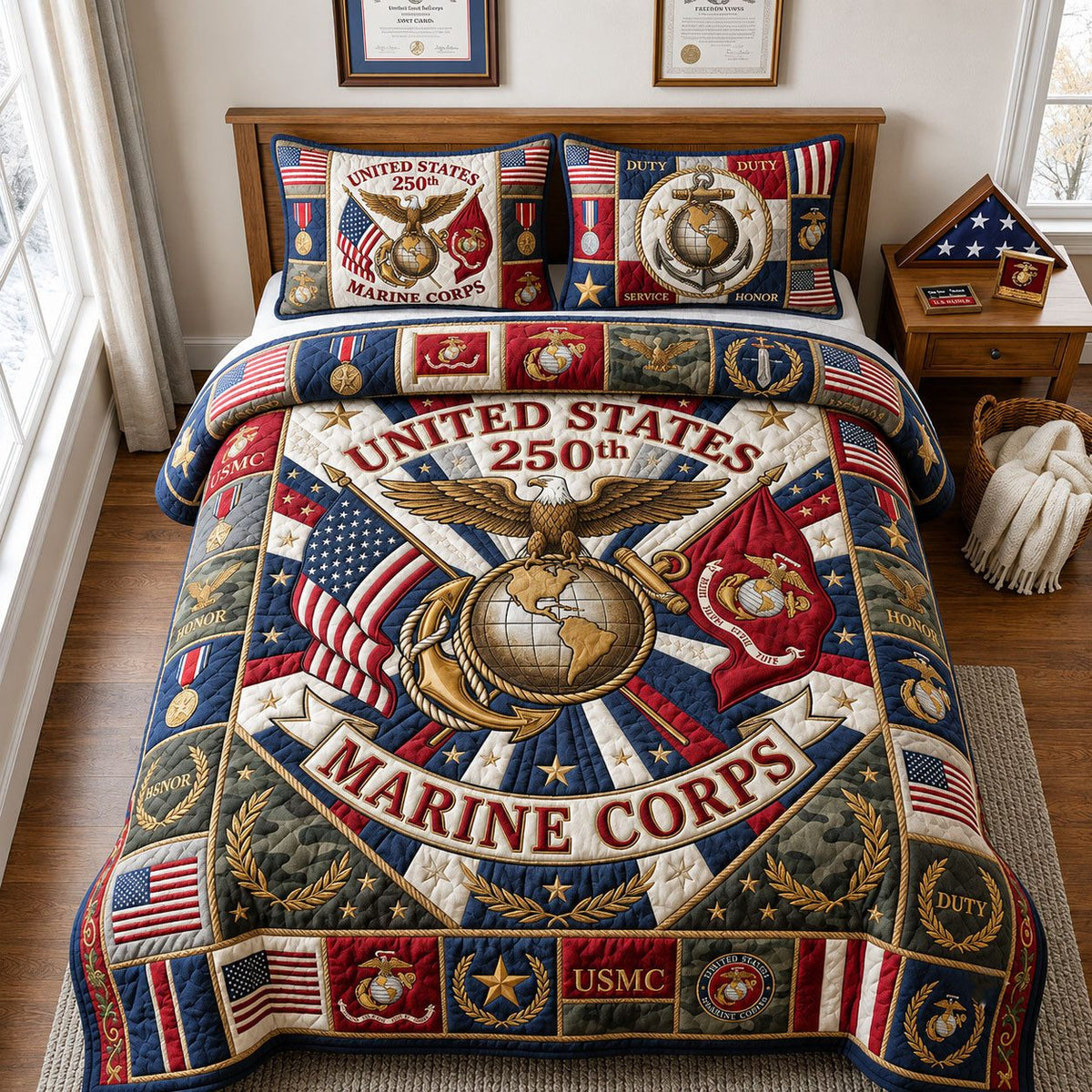 Proud Usmc quilted 3-piece bedding set on a made bed with two matching pillow shams