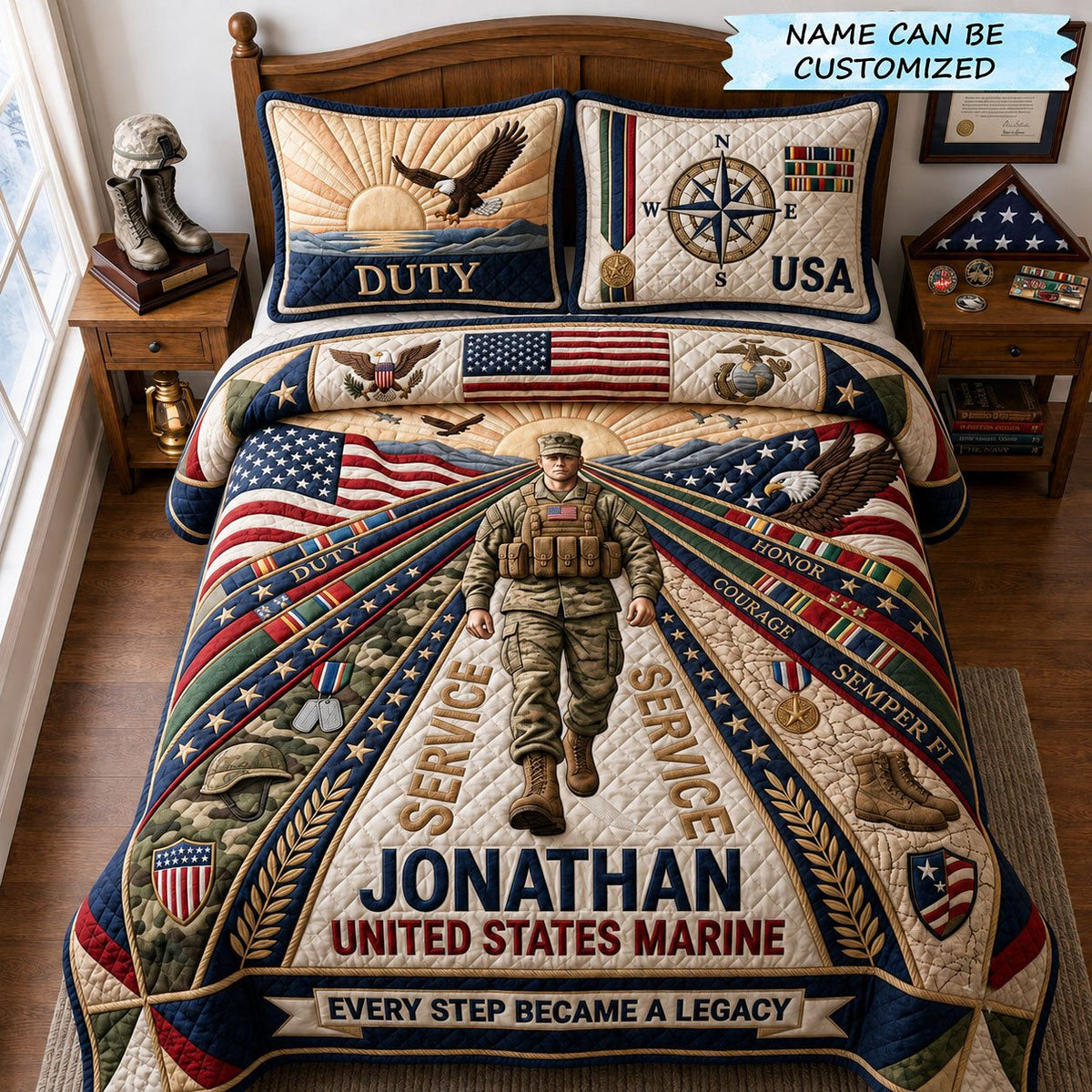 Proud Usmc quilted 3-piece bedding set on a made bed with two matching pillow shams