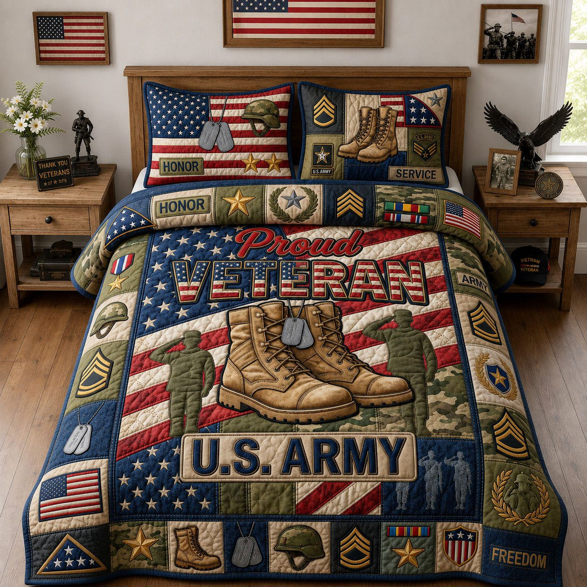 Proud Veteran quilted 3-piece bedding set on a made bed in a warmly lit bedroom