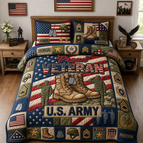 Proud Veteran quilted 3-piece bedding set on a made bed in a warmly lit bedroom