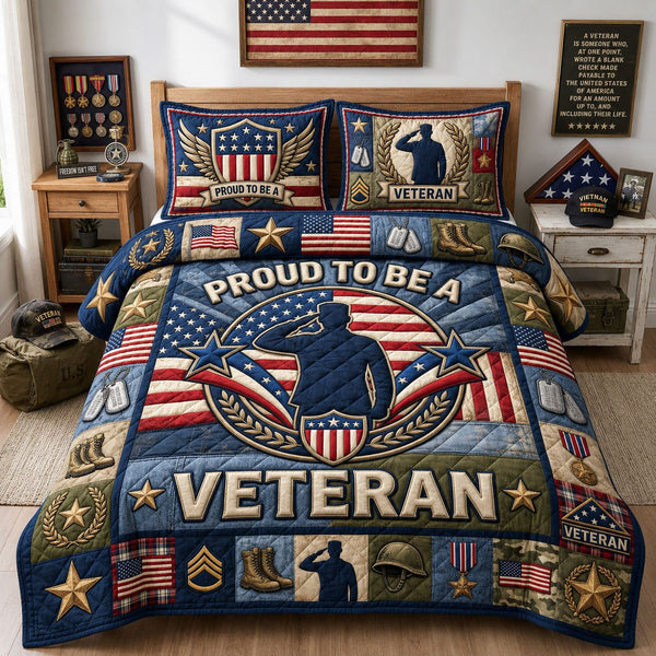 Proud Veteran quilted 3-piece bedding set on a made bed in a warmly lit bedroom