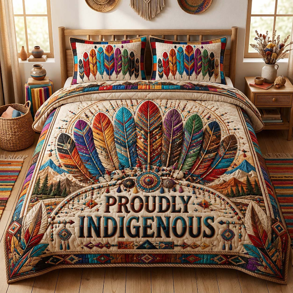 Proudly Indigenous Pride quilted 3-piece bedding set on a made bed with two matching pillow shams