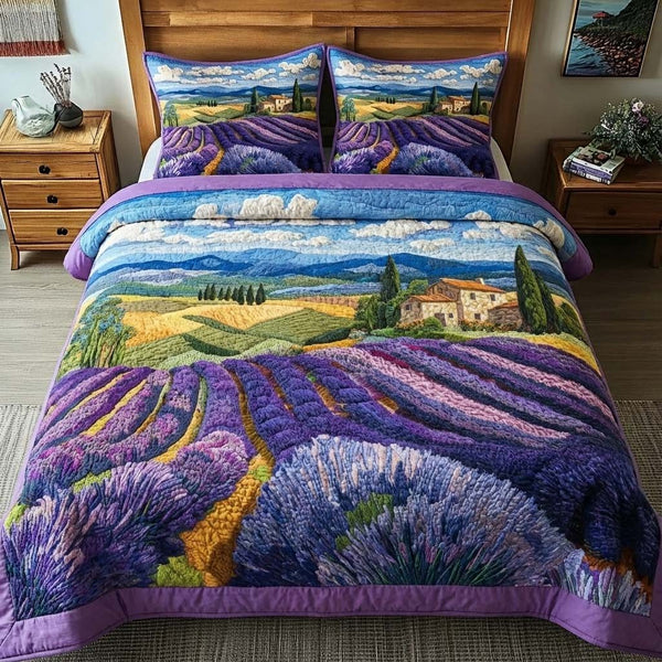Provence Lavender quilted 3-piece bedding set on a made bed with two matching pillow shams