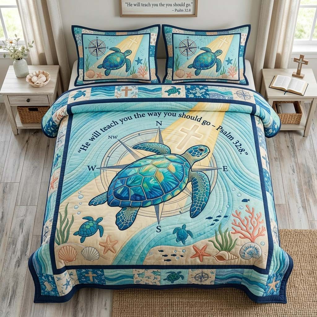Psalm Compass quilted 3-piece bedding set on a made bed in a softly lit bedroom