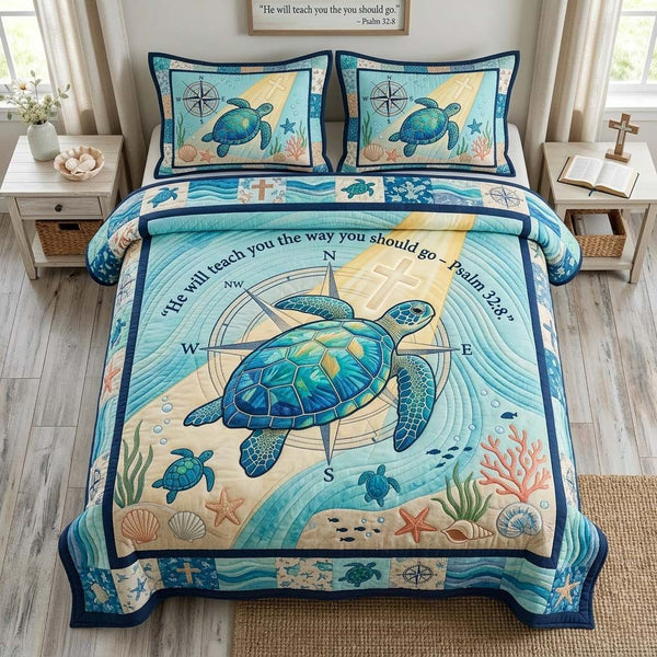 Psalm Compass quilted 3-piece bedding set on a made bed in a softly lit bedroom