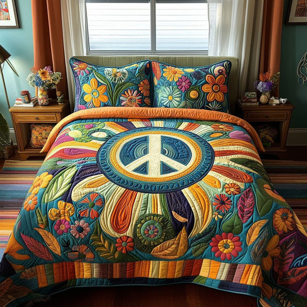 Psychedelic Bloom quilted 3-piece bedding set on a made bed with two matching pillow shams
