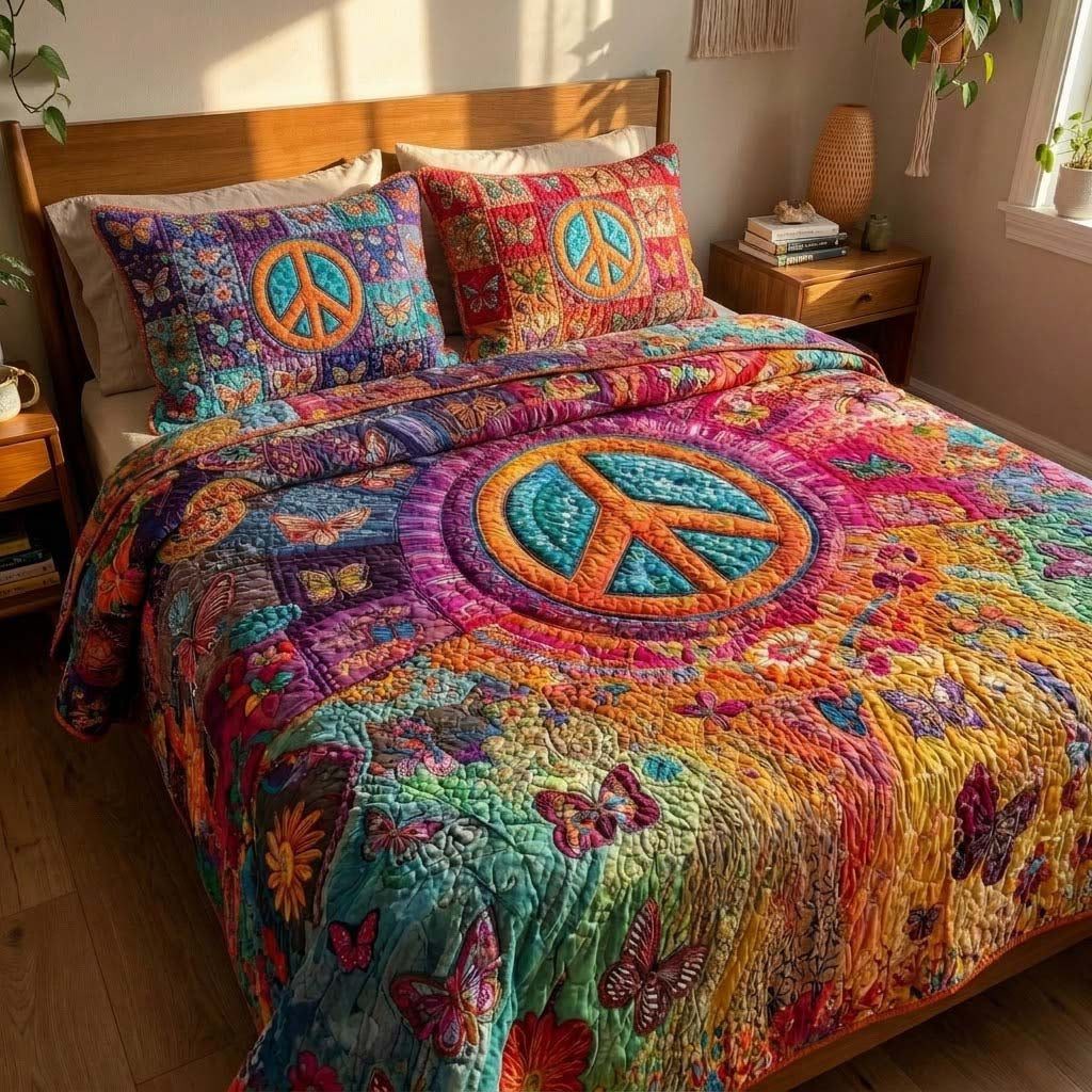 Psychedelic Bloom quilted 3-piece bedding set on a made bed with two matching pillow shams