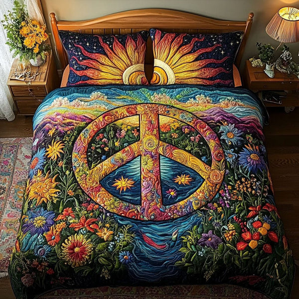 Psychedelic Dreams quilted 3-piece bedding set on a made bed with two matching pillow shams