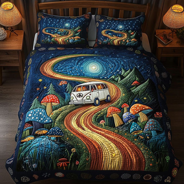 Psychedelic Forest Drive quilted 3-piece bedding set on a made bed with two matching pillow shams