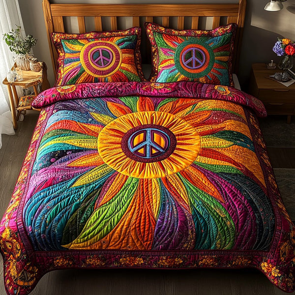 Psychedelic Journey quilted 3-piece bedding set on a made bed with two matching pillow shams
