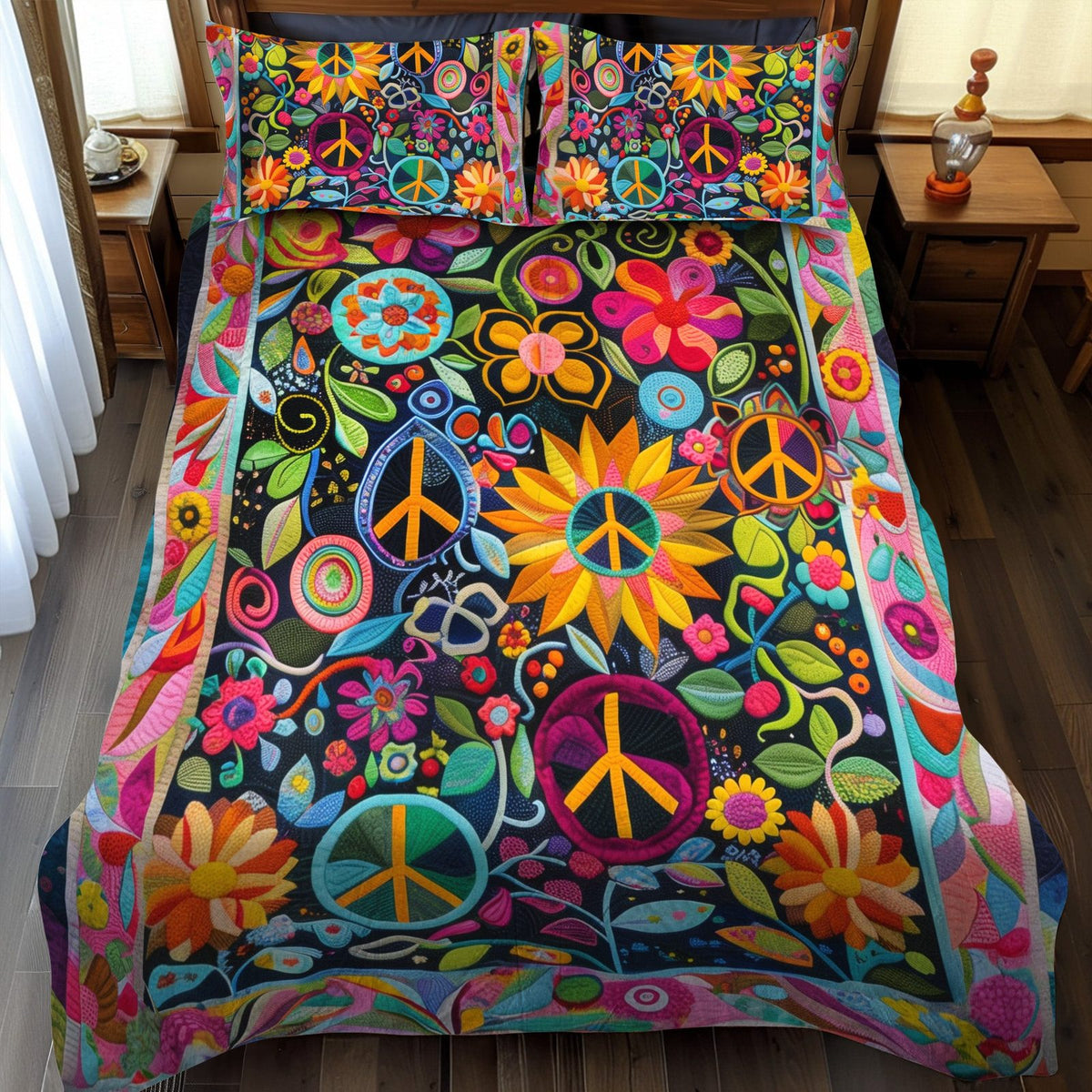 Psychedelic Peace quilted 3-piece bedding set on a made bed with two matching pillow shams