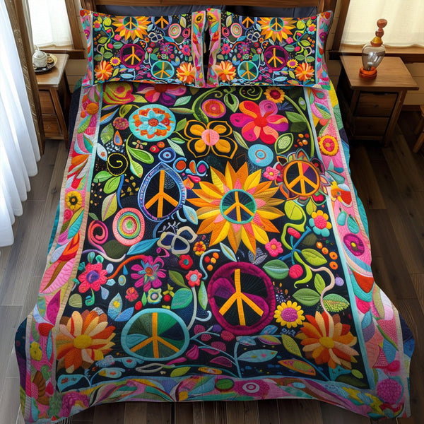 Psychedelic Peace quilted 3-piece bedding set on a made bed with two matching pillow shams