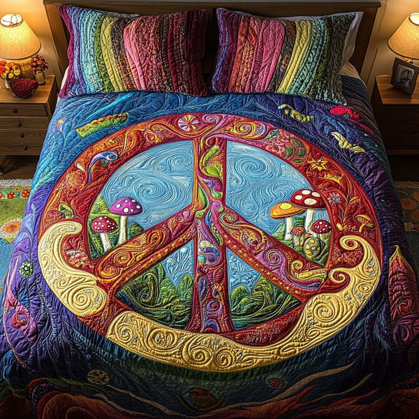 Psychedelic Peace quilted 3-piece bedding set on a made bed with two matching pillow shams