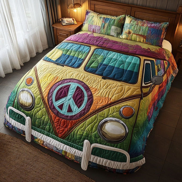 Psychedelic Peace Van quilted 3-piece bedding set on a made bed with two matching pillow shams