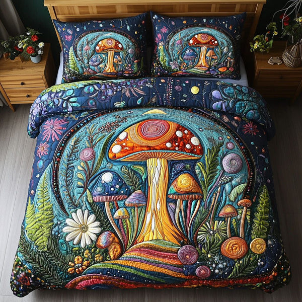 Psychedelic Shrooms quilted 3-piece bedding set on a made bed with two matching pillow shams