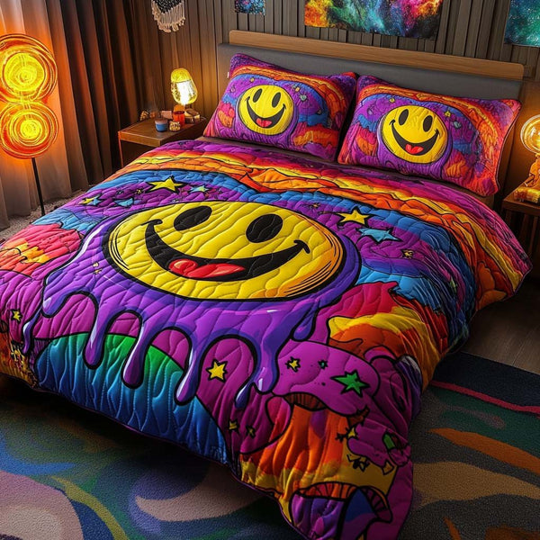 Psychedelic Smiles quilted 3-piece bedding set on a made bed with two matching pillow shams