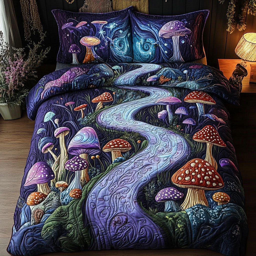 Psychedelic Wonderland quilted 3-piece bedding set on a made bed with two matching pillow shams