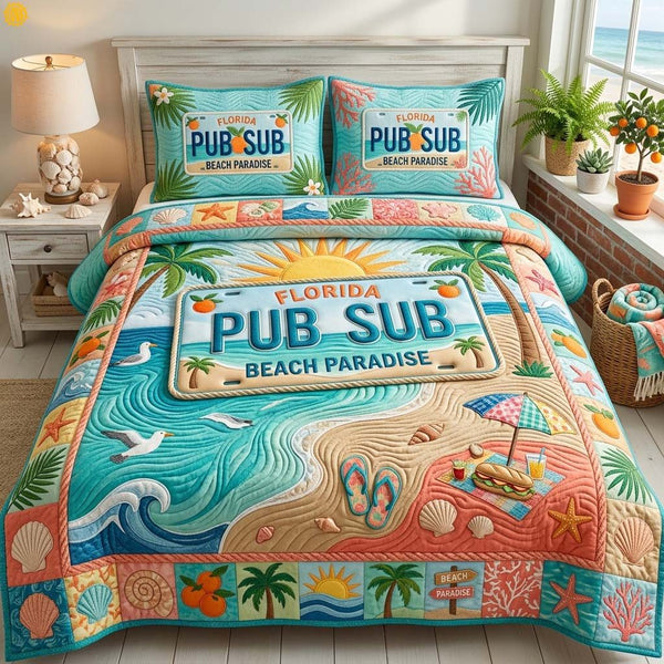 Pub Sub Paradise quilted 3-piece bedding set on a made bed with two matching pillow shams