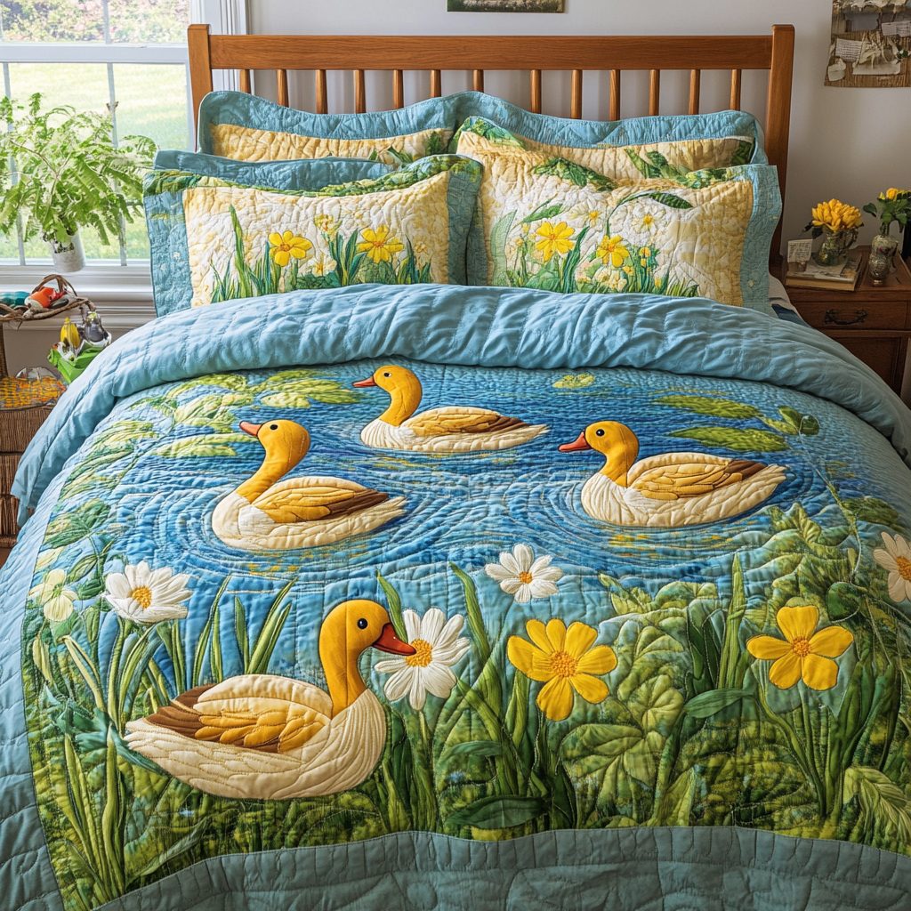 Puddle Paradise quilted 3-piece bedding set on a made bed with two matching pillow shams