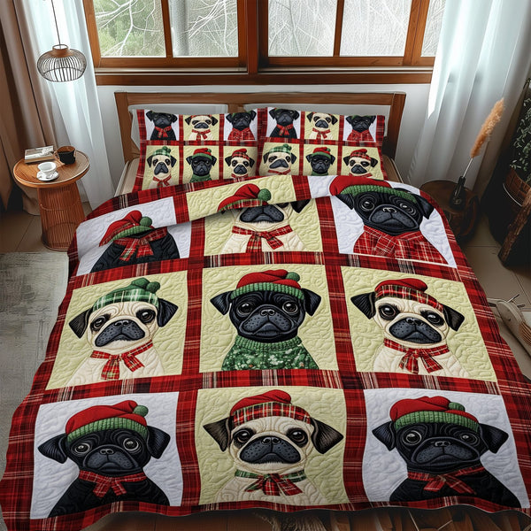 Pug Candy Cane Dreams quilted 3-piece bedding set on a made bed with two matching pillow shams
