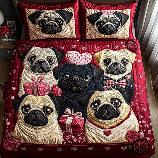 Pug Charm quilted 3-piece bedding set on a made bed with two matching pillow shams