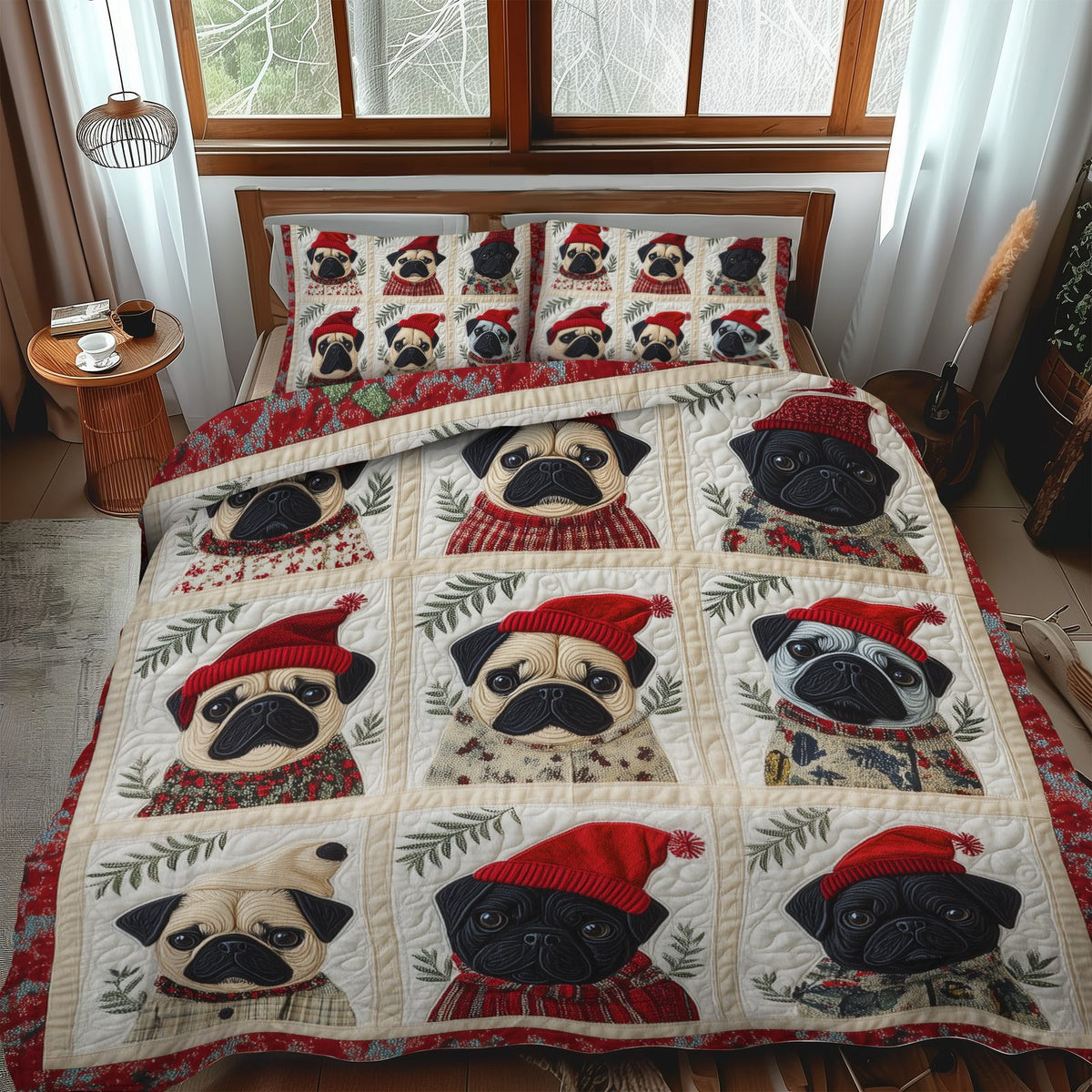 Pug Christmas Magic quilted 3-piece bedding set on a made bed in a winter-styled bedroom