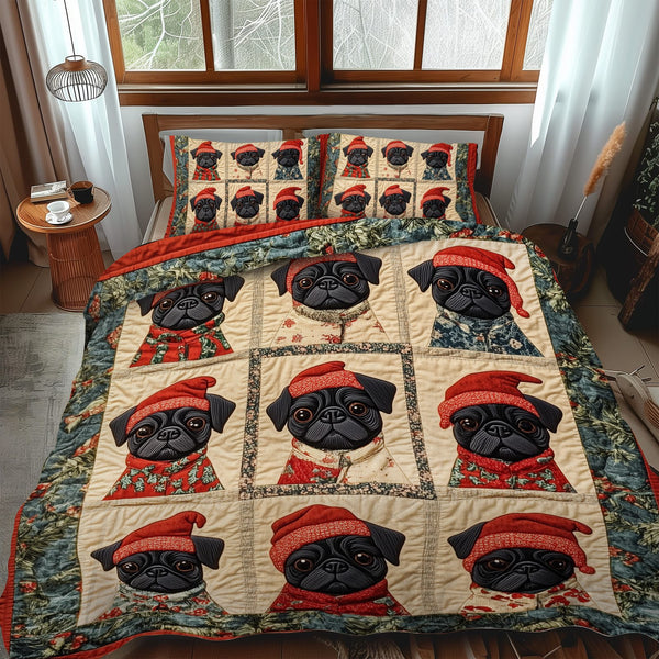 Pug Frosty Fun quilted 3-piece bedding set on a made bed in a winter-styled bedroom