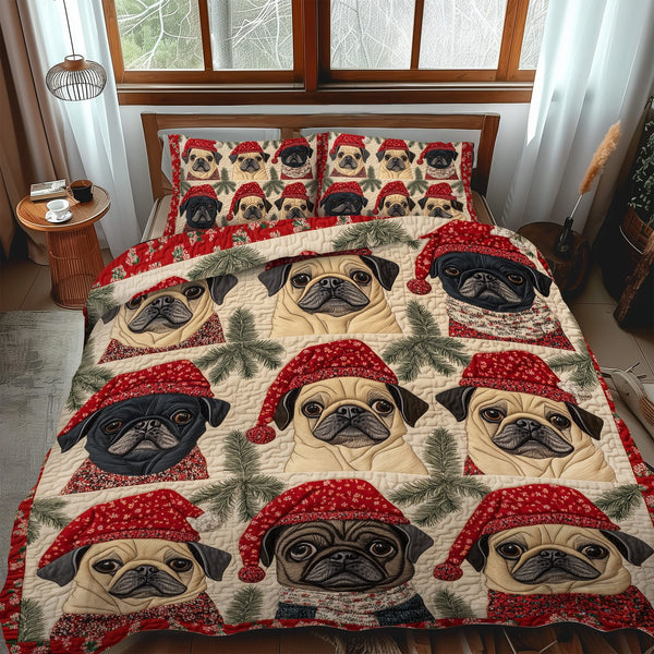 Pug Holiday Joy quilted 3-piece bedding set on a made bed in a winter-styled bedroom