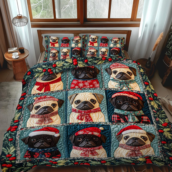 Pug Holiday Warmth quilted 3-piece bedding set on a made bed in a winter-styled bedroom