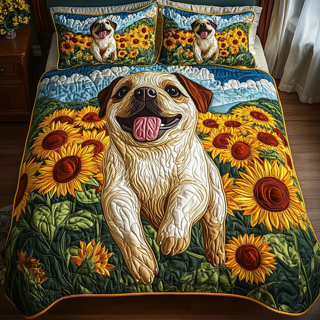 Pug Life Charm quilted 3-piece bedding set on a made bed with two matching pillow shams