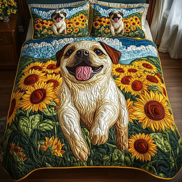 Pug Life Charm quilted 3-piece bedding set on a made bed with two matching pillow shams