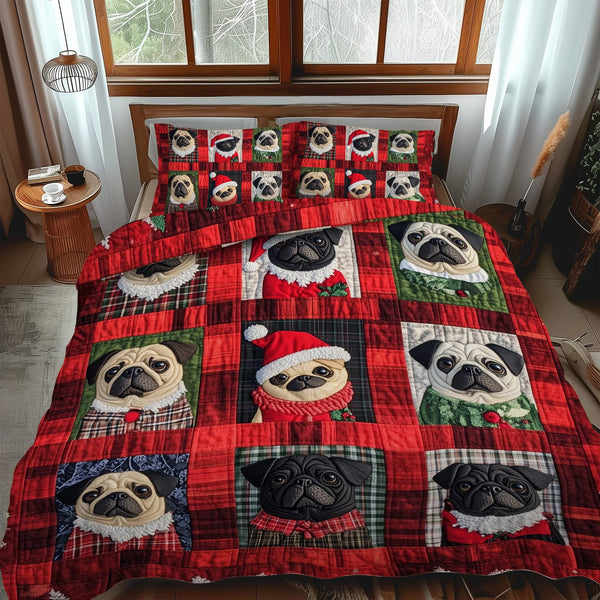 Pug Noel Night quilted 3-piece bedding set on a made bed in a winter-styled bedroom