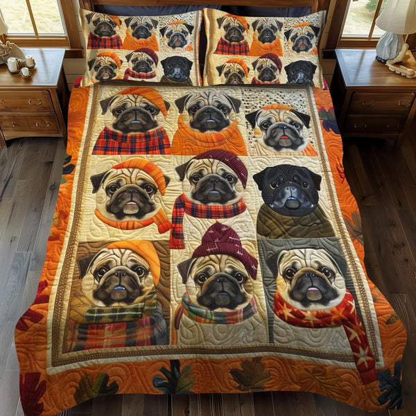 Pug quilted 3-piece bedding set on a made bed with two matching pillow shams