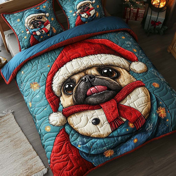 Pug Santa Snuggle quilted 3-piece bedding set on a made bed in a winter-styled bedroom