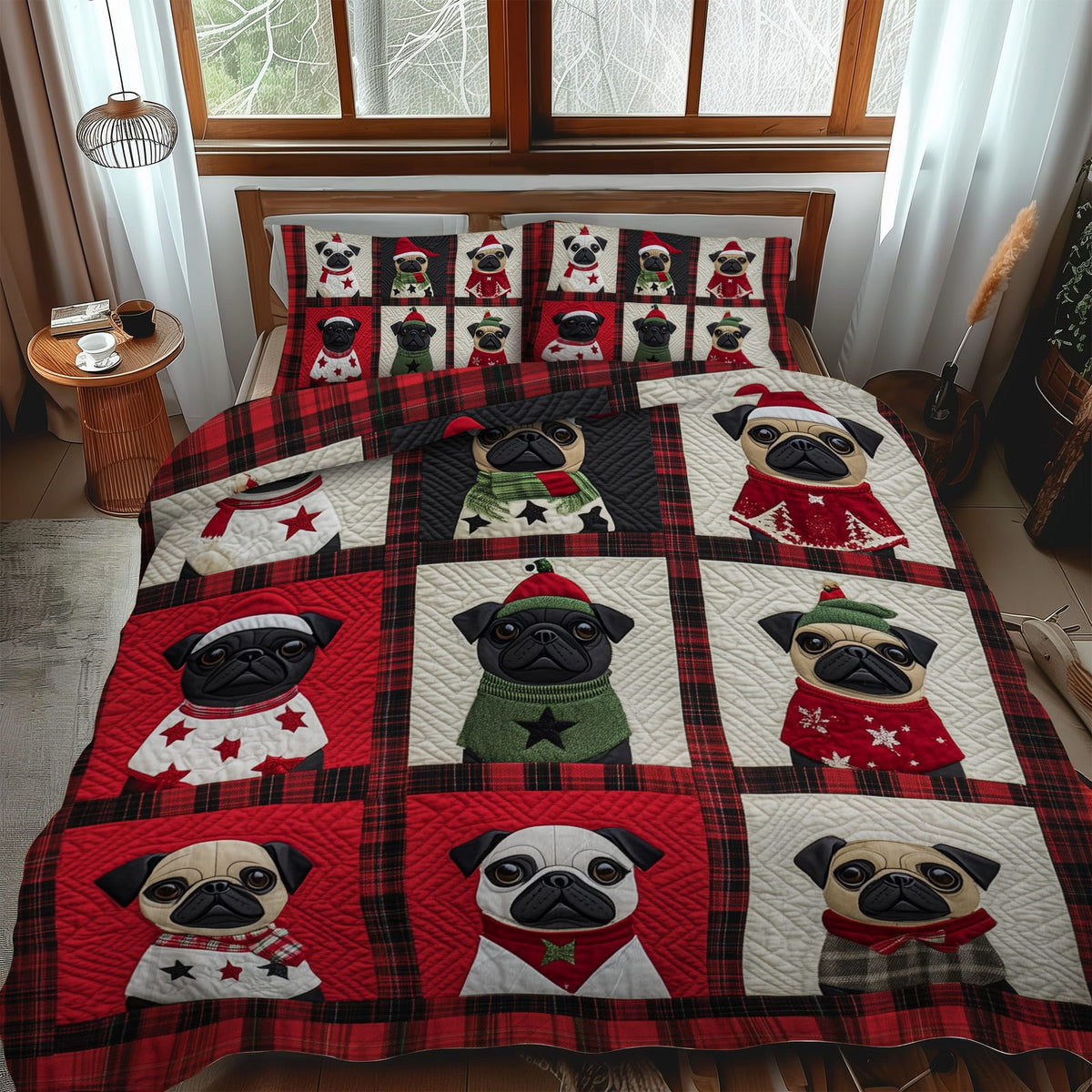 Pug Snowy Adventure quilted 3-piece bedding set on a made bed in a winter-styled bedroom