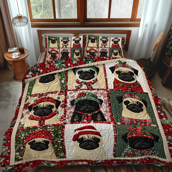 Pug Winter Wishes quilted 3-piece bedding set on a made bed in a winter-styled bedroom